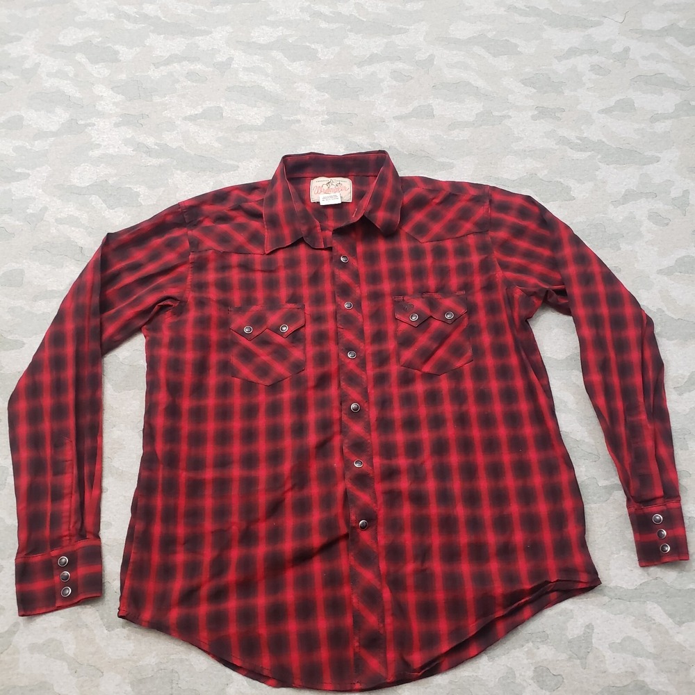 Vintage Wrangler Shirt Mens Large Red Pockets Pearl Snap Long Sleeve Plaid